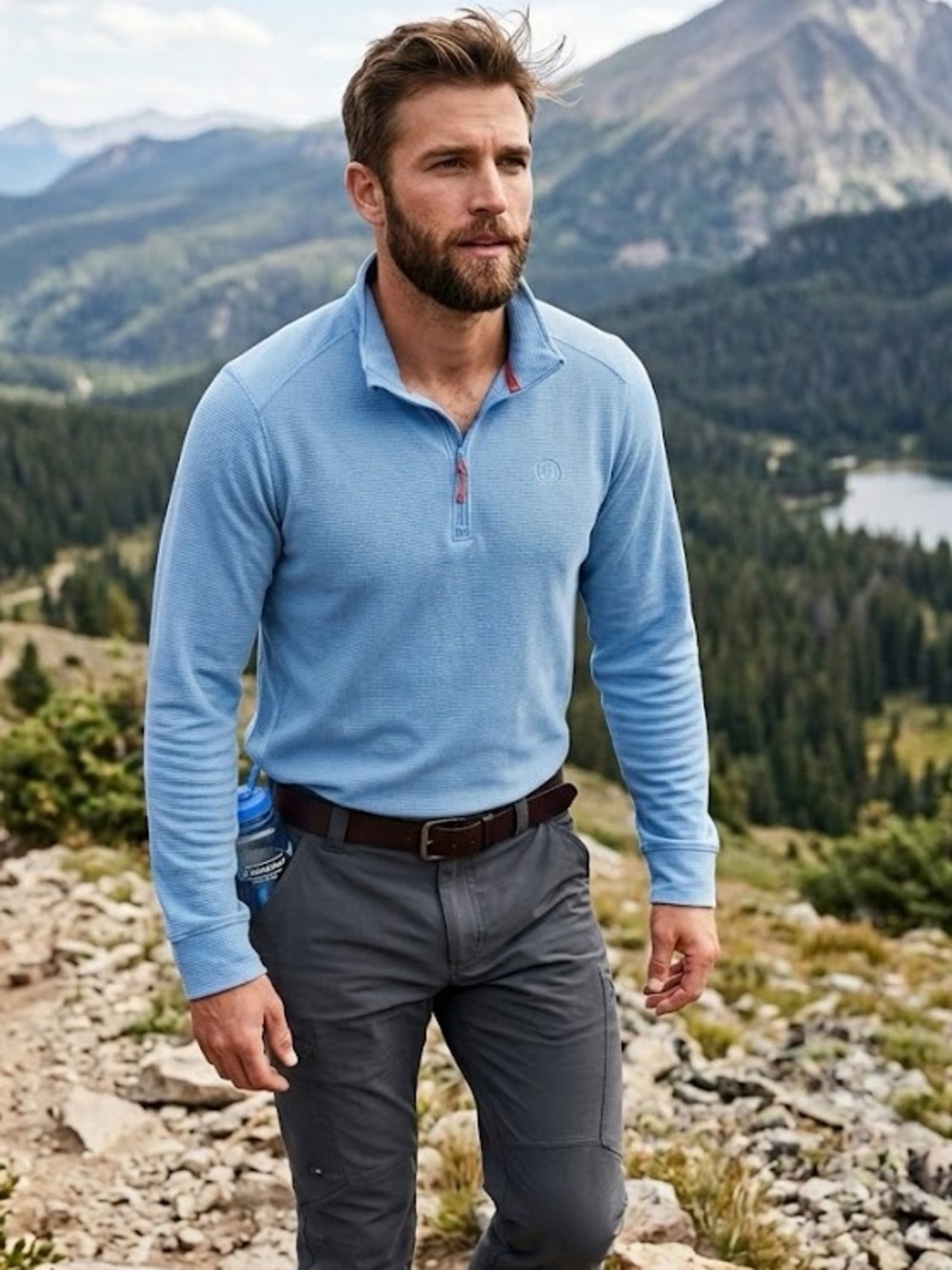 NWT Land’s End Men’s Quarter Zip Pullover- Light Blue with Orange Accent